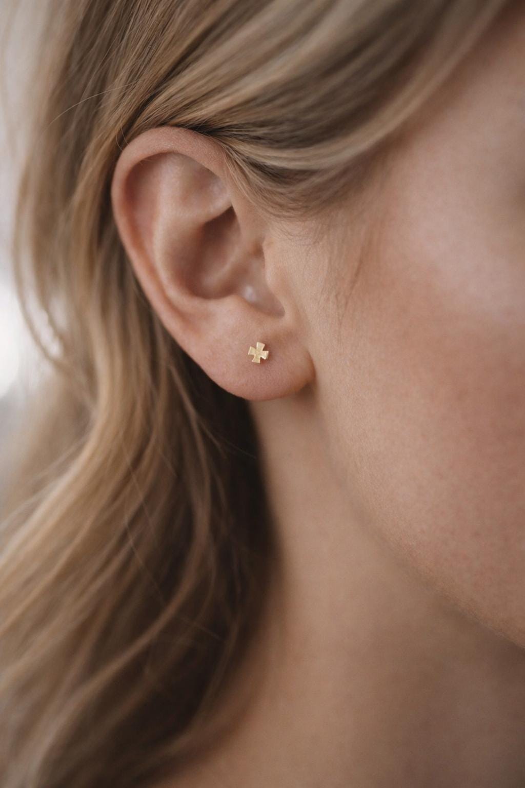 10pcs Gold/ Silver Tone Cross Earrings, Gold/ Rhodium Plated Brass Small Cross Stud Earring (#GB-4742)