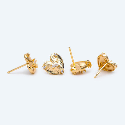 10pcs Gold Round/ Heart Earring with Loop, 18K Gold plated Brass, CZ pave Stud Earring Components (GB-1640)