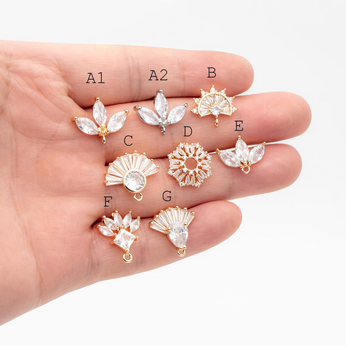 4pcs CZ Pave Gold Flower Leaf Earring With Loop, Gold Plated Brass Stud Earrings (GB-1205)