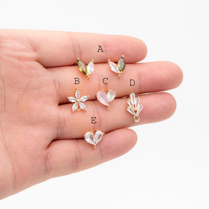 4pcs CZ Pave Flower Heart Earring with Loop, Gold Plated Brass leaf Stud Earrings, Dainty Earring, Wholesale Supplies (GB-314)