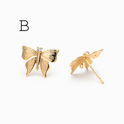 10pcs Gold Butterfly Heart Earring with Loop, Gold Plated Brass Stud Earrings, Jewelry Findings, Wholesale Supplies (GB-3378)