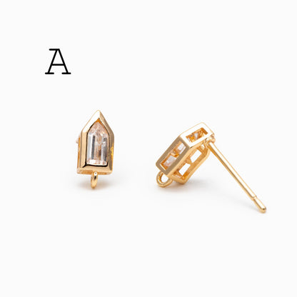 4pcs CZ Pave Trapezoid Earring Stud with Loop, 18K Gold plated Brass Ear Posts, Geometric Earring Findings (#GB-3326)