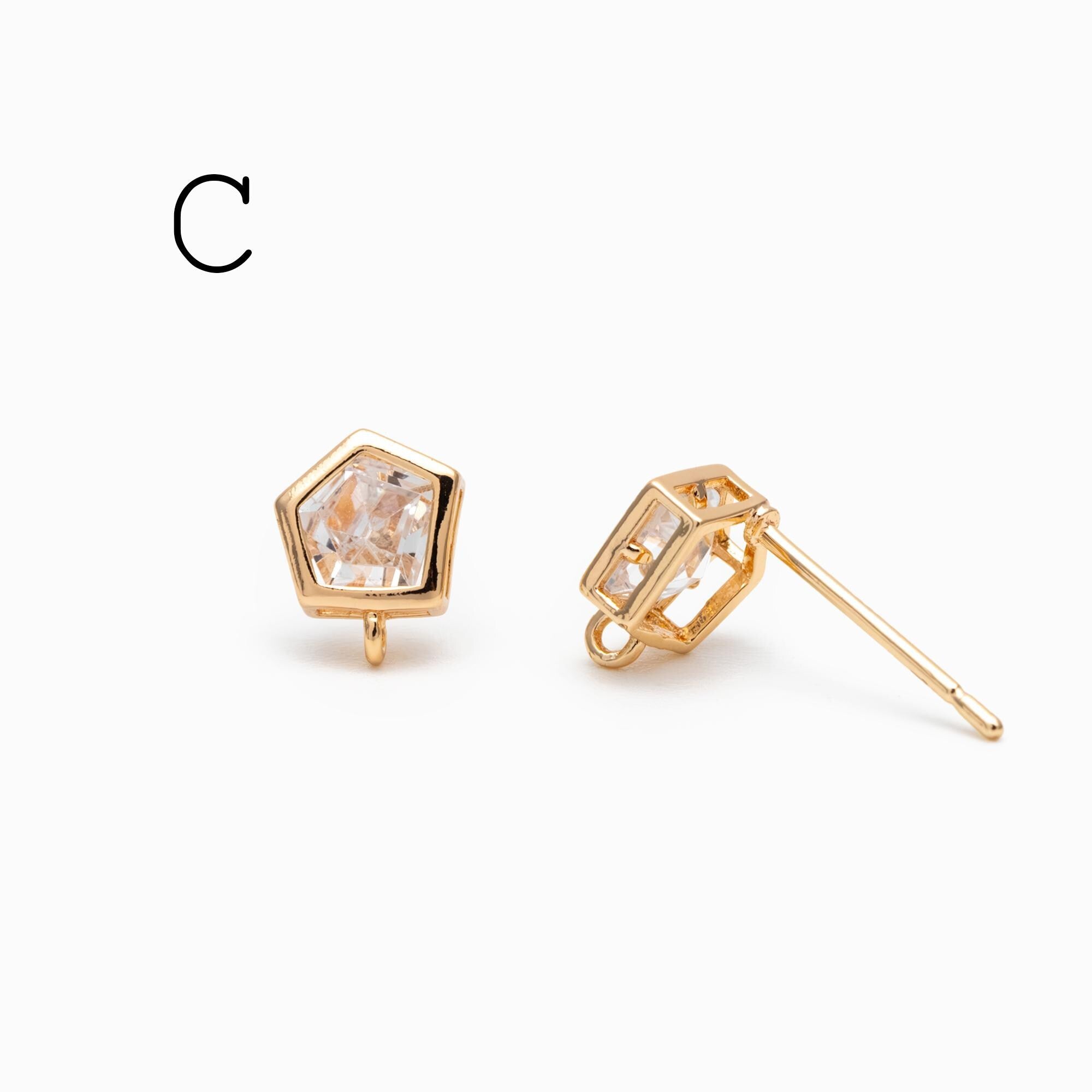 4pcs CZ Pave Geometric Earring Stud with Loop, 18K Gold plated Brass Earring Findings (#GB-3329)