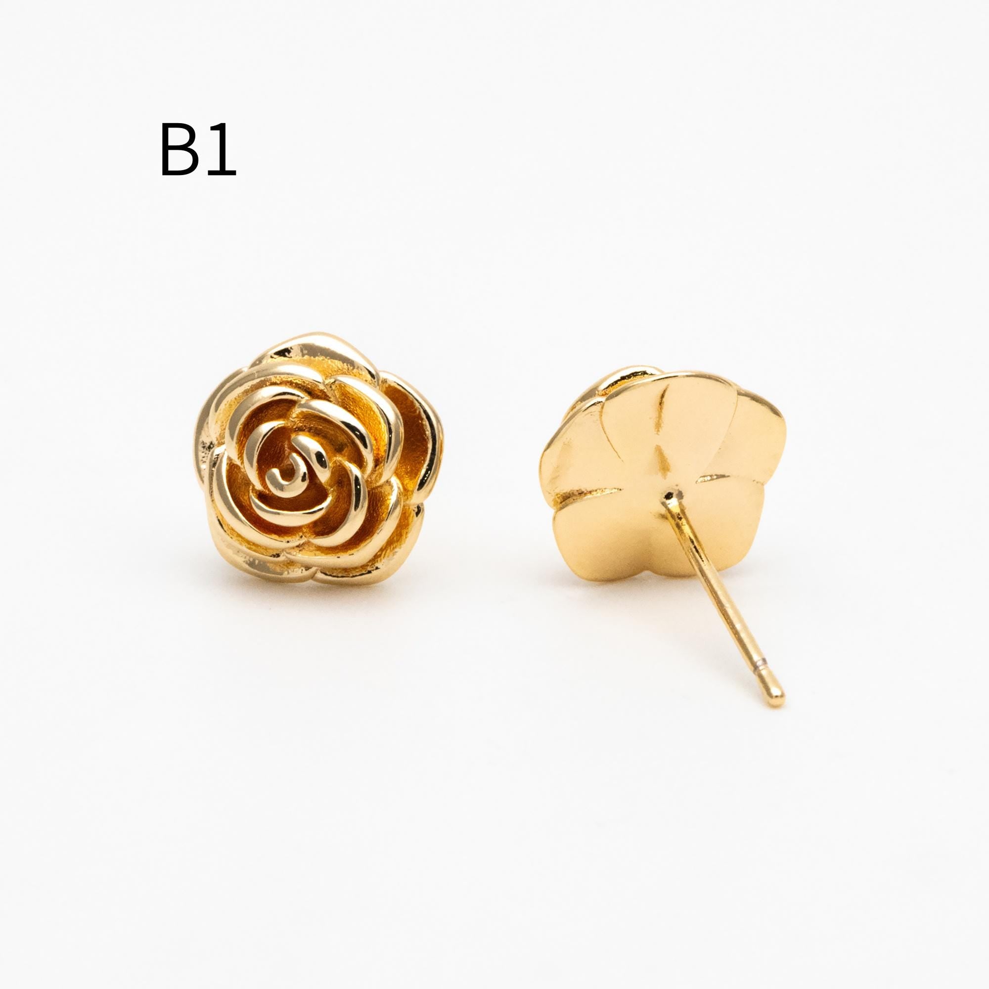 10pcs Gold/ Silver Tone Camellia Rose Earrings, Gold/ Rhodium Plated Brass, Flower Stud Earrings (GB-4626)