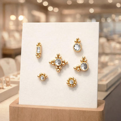 10pcs CZ Pave Round Trinity Ear Posts 12x8.5mm, Gold Plated Brass Dainty Stud Earrings (GB-3642)