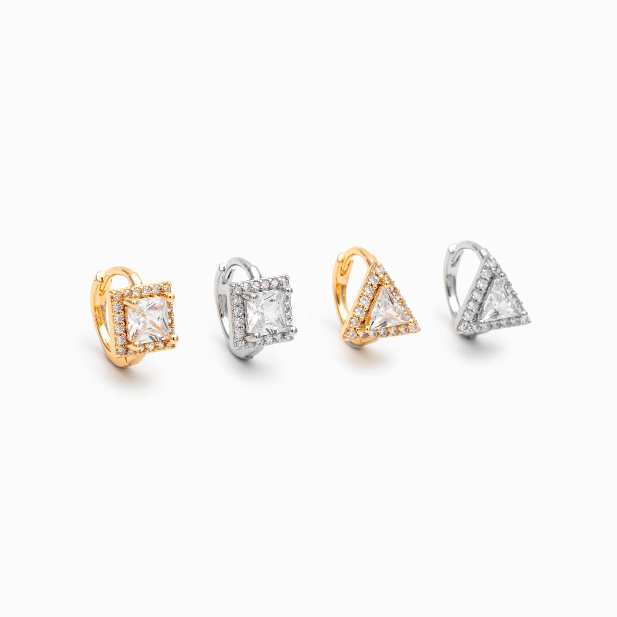 4pcs CZ Pave Gold/ Silver Tone Geometric Hoop Earrings, 18K Real Gold/ Rhodium plated Brass, Square/ Triangle Huggie Earrings (GB-4755)