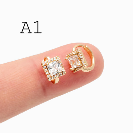 4pcs CZ Pave Gold/ Silver Tone Geometric Hoop Earrings, 18K Real Gold/ Rhodium plated Brass, Square/ Triangle Huggie Earrings (GB-4755)