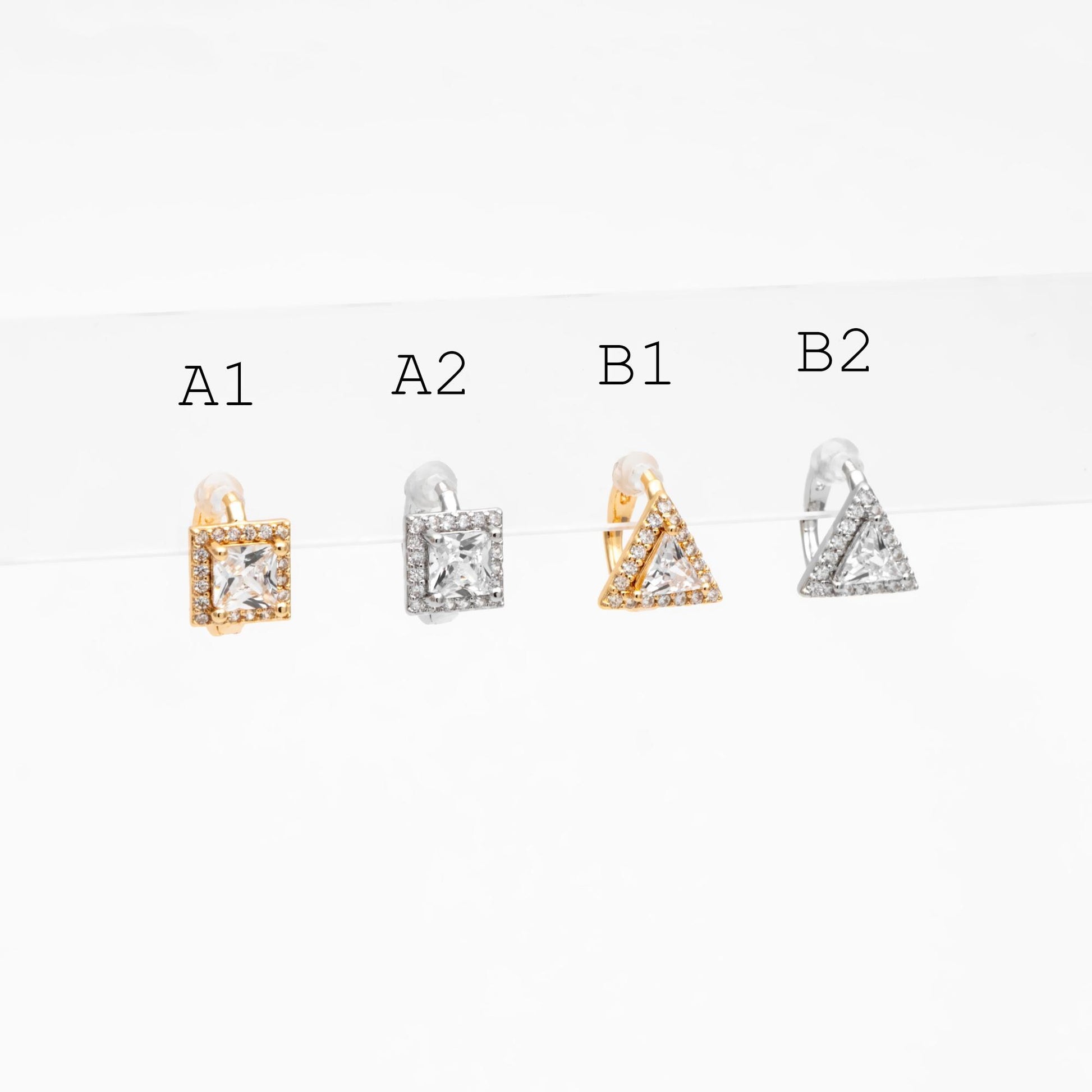 4pcs CZ Pave Gold/ Silver Tone Geometric Hoop Earrings, 18K Real Gold/ Rhodium plated Brass, Square/ Triangle Huggie Earrings (GB-4755)