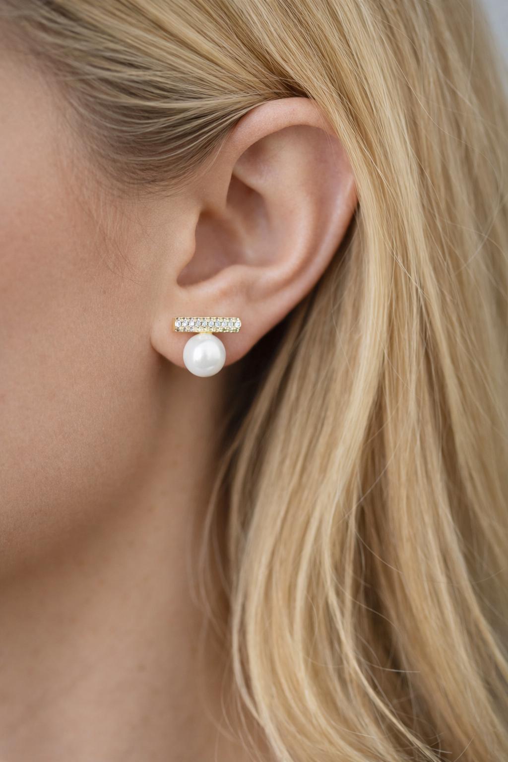 4pcs CZ Pave Gold Bar Earrings, Pearl Earring Mounts, Half Drilled Pearls Earring Settings (GB-4279)