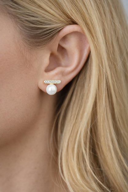 4pcs CZ Pave Gold Bar Earrings, Pearl Earring Mounts, Half Drilled Pearls Earring Settings (GB-4279)