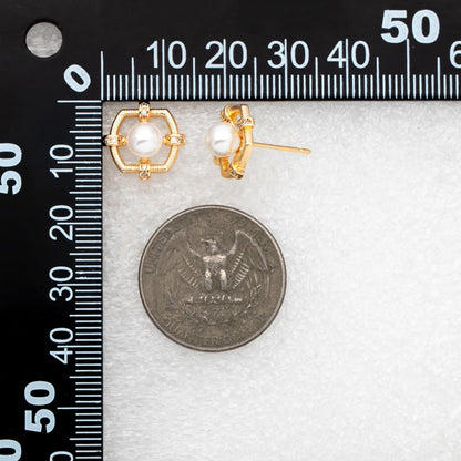 4pcs CZ Pave Gold Elegant Glass Pearl Geometric Earrings (#GB-3853)