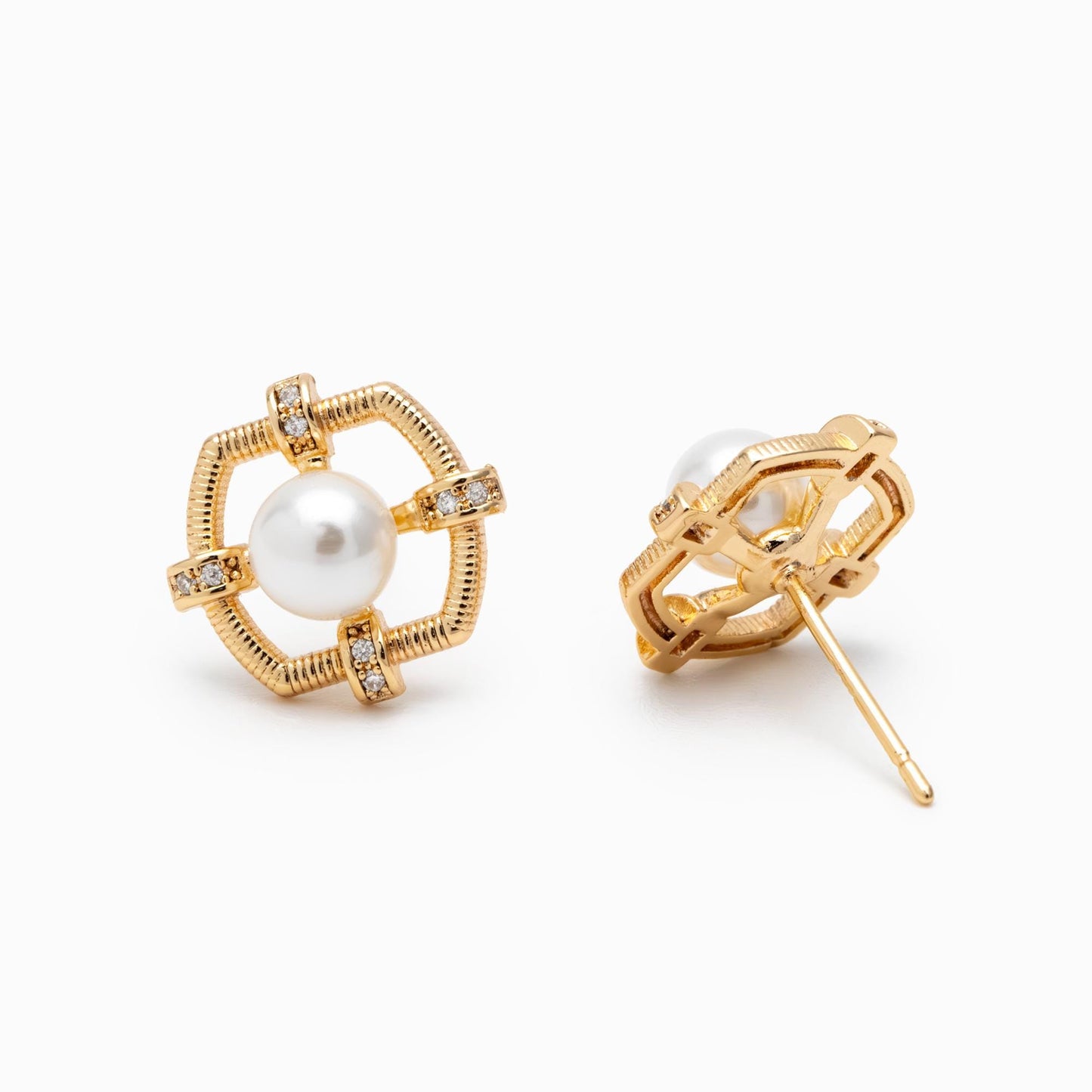 4pcs CZ Pave Gold Earring Posts, Dainty Geometric Stud Earrings, Pearl Peg Earring Mounts, Half Drilled Pearl Earring Settings (#GB-3853)