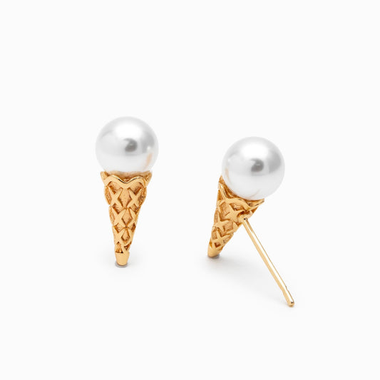 4pcs Gold Ice Cream Cone Glass Pearl Earrings – Cute and Unique Statement Jewelry for Summer (#GB-4191)