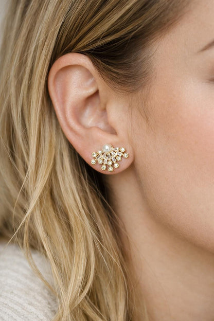 4pcs Gold CZ Pave Elegant Glass Pearl Fan Shaped Earrings – Gold Plated Statement Jewelry (#GB-3148)
