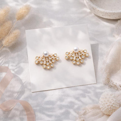 4pcs Gold CZ Pave Elegant Glass Pearl Fan Shaped Earrings – Gold Plated Statement Jewelry (#GB-3148)