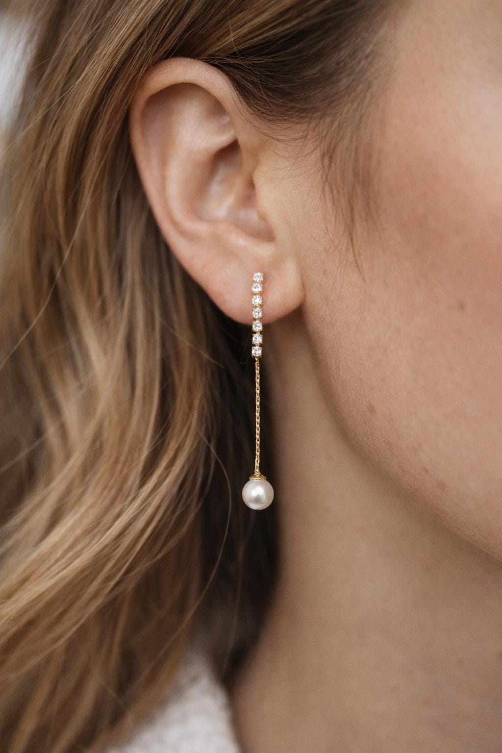 4pcs CZ Pave Gold/ Silver Chain Stud Earring With Glass Pearl (#GB-2983)
