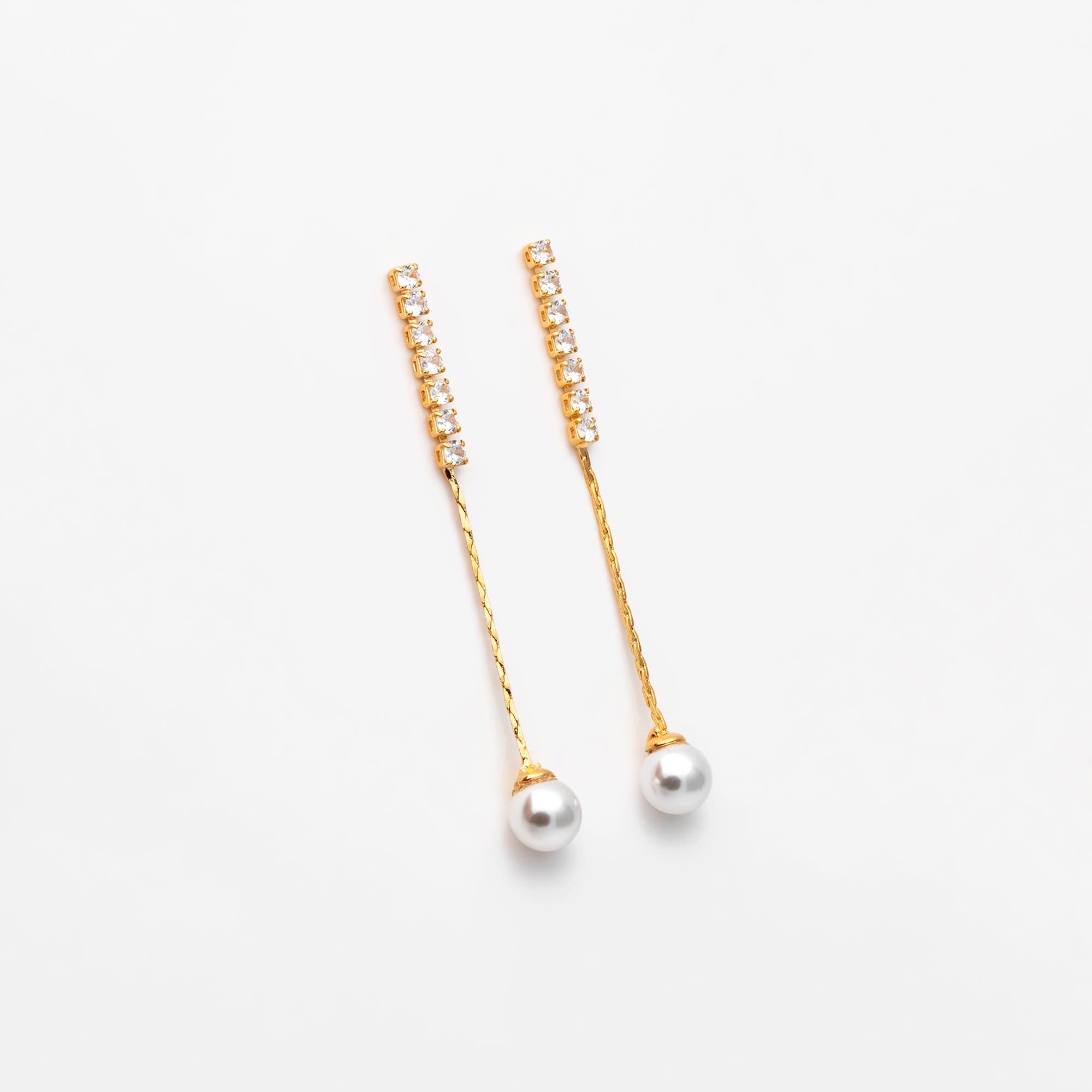 4pcs CZ Pave Gold/ Silver Chain Stud Earring With Glass Pearl (#GB-2983)