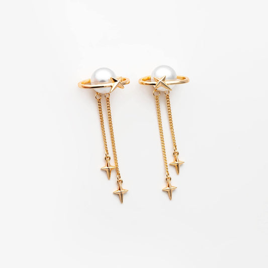 4pcs Gold Saturn Star Stud Earring, Glass Pearl & Star Drop Earrings (#GB-2942)