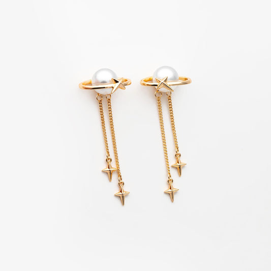 4pcs Gold Saturn Star Stud Earring, Glass Pearl & Star Drop Earrings (#GB-2942)