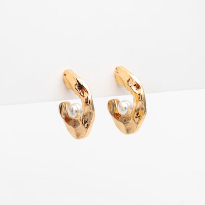 4pcs Gold Hammered Hoop Earrings with Glass Pearl (GB-2062)
