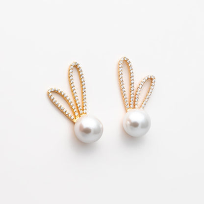 4pcs CZ Pave Rabbit Ear Posts, Bunny Stud Earrings, Pearl Peg Earring Mounts, Half Drilled Pearl Earring Settings (#GB-1776)