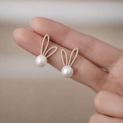 2pcs CZ Pave Rabbit Stud Earring, 18K Gold plated Bunny Earrings with Glass Pearl (#GB-1776)