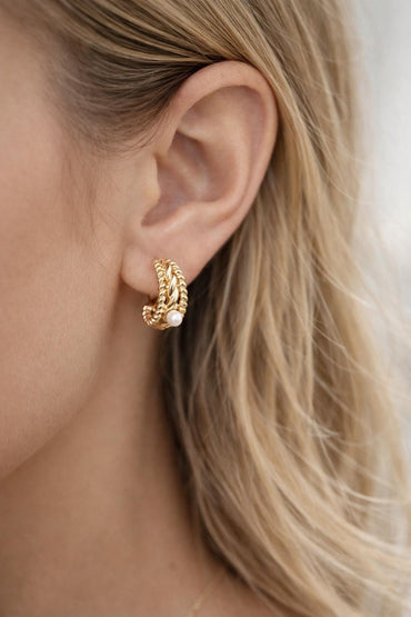 4 pcs Glass Pearl C Shape Earring, 18K Gold plated Brass, Filigree Hoop Earrings (GB-2619)
