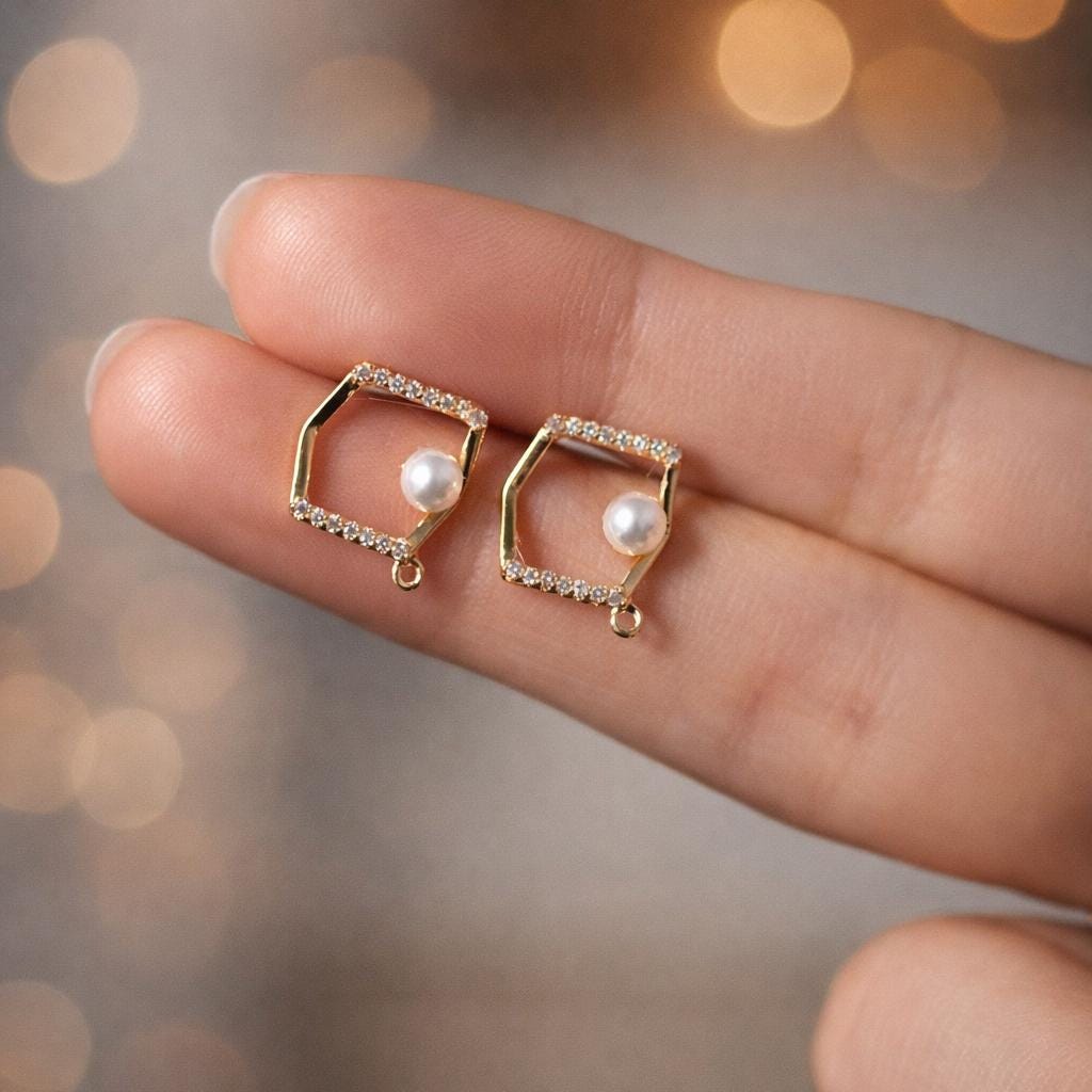 10pcs CZ pave Irregular Earring with loop 15x14mm, Pearl Peg Earring Mounts,Half Drilled Pearl Earring Settings (GB-1542)