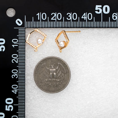 10pcs CZ pave Irregular Earring with loop 15x14mm, Pearl Peg Earring Mounts,Half Drilled Pearl Earring Settings (GB-1542)