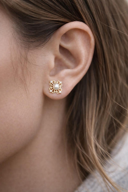 10pcs CZ Pave Filigree Flower Ear Posts 12mm, Pearl Peg Earring Mounts, Half Drilled Pearl Earring Settings (#GB-1541)