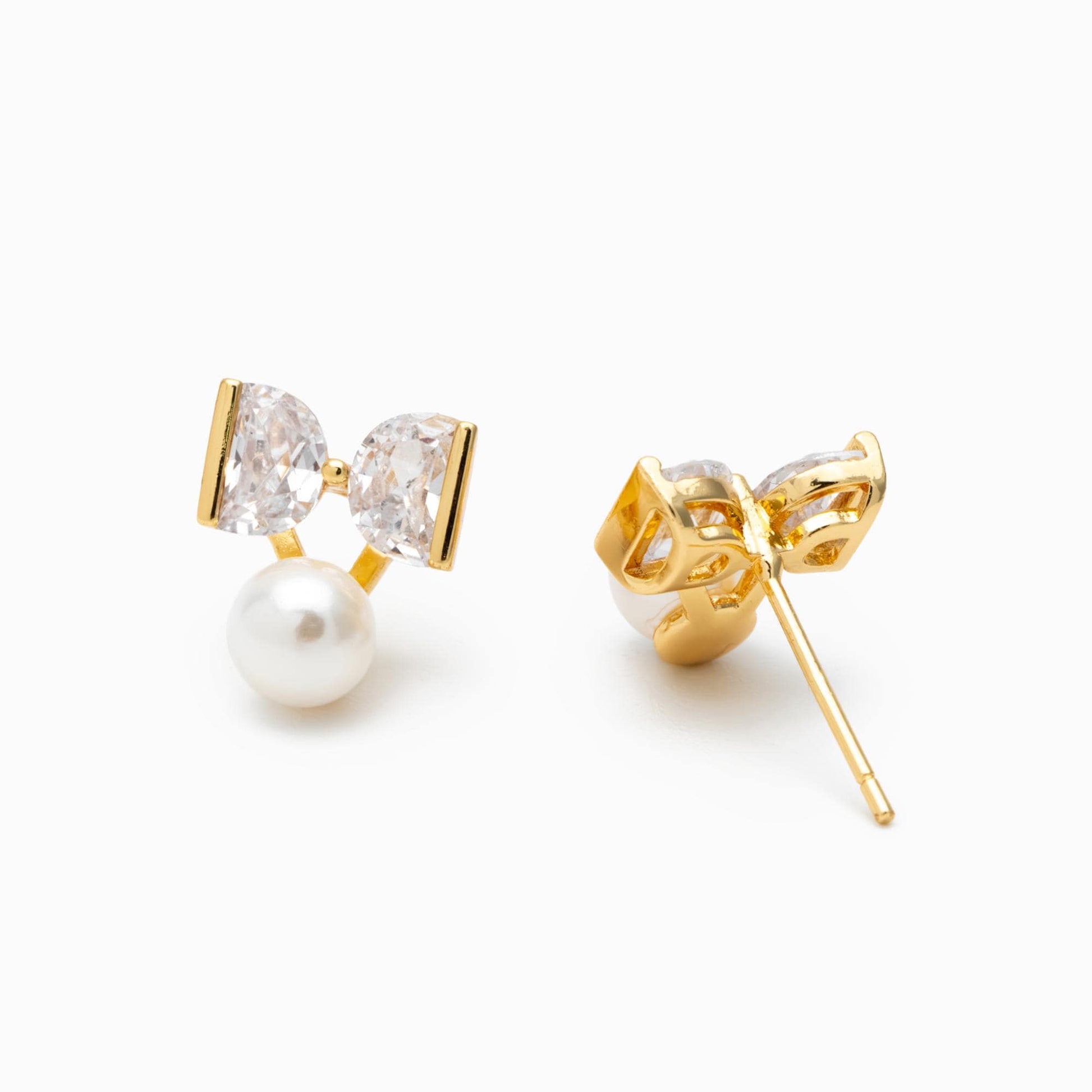 10pcs CZ Pave Bowknot Earring with Pearl Peg, Real Gold Plated Brass Stud Earrings (#GB-1116)