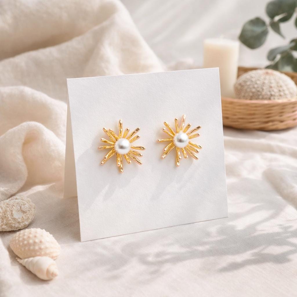 10pcs Gold Fireworks Ear Posts, Pearl Earring Mounts, Half Drilled Pearls Earring Settings (GB-3689)