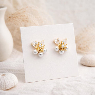 4pcs Faux Pearl Flower Stud Earrings, CZ Pave Earring, 18K Gold plated (GB-1728)