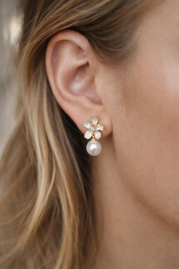 4pcs CZ Pave Gold Enamel Asymmetrical Floral Glass Pearl Earrings (GB-4356)