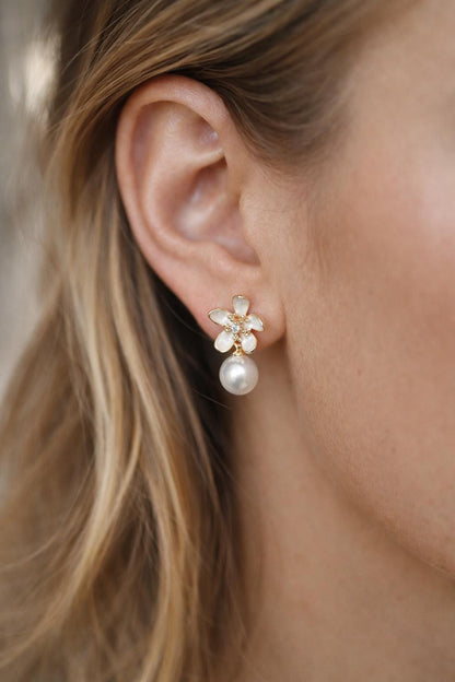 4pcs CZ Pave Gold Enamel Asymmetrical Floral Glass Pearl Earrings (GB-4356)
