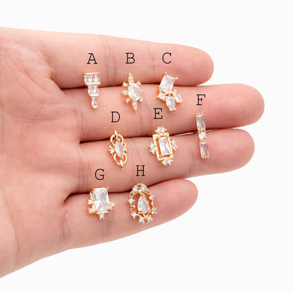 4pcs CZ Pave Dainty Geometric Stud Earrings, 18K Gold Plated Brass, Cubic Zirconia Earrings (GB-3633)