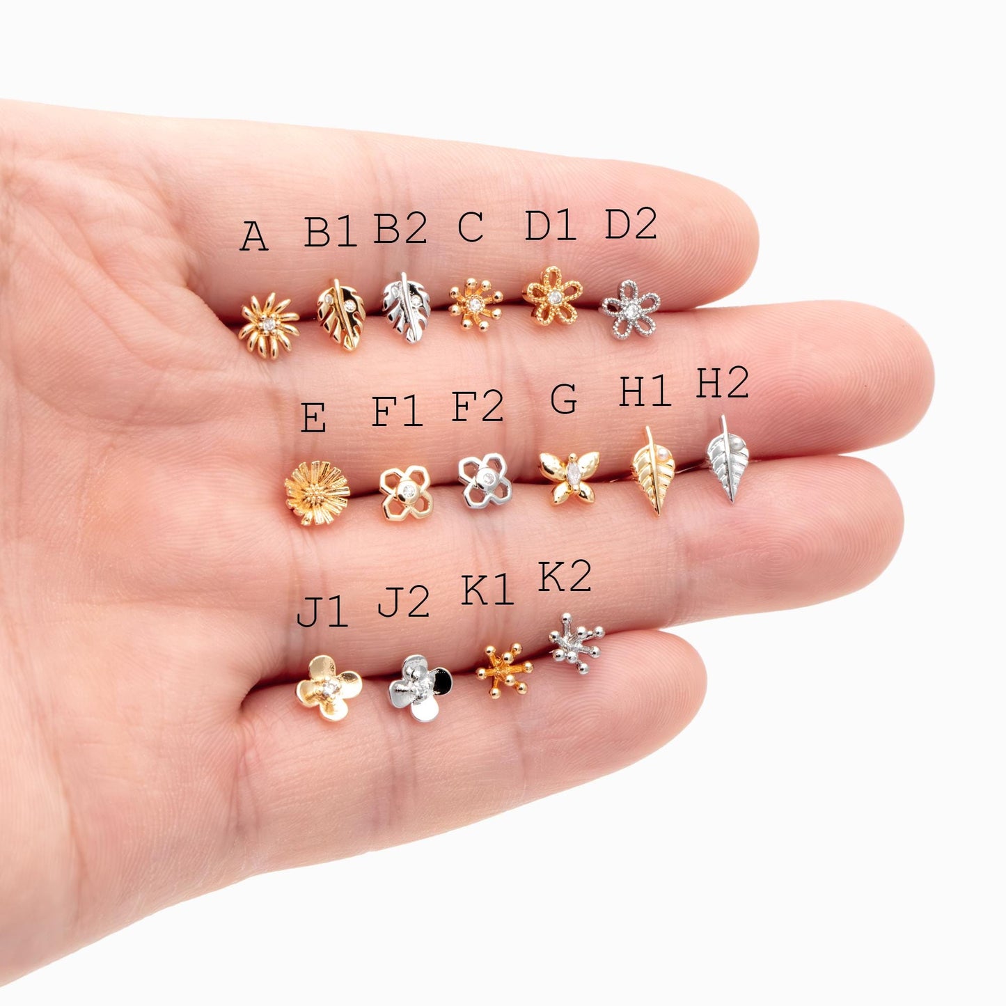 10pcs CZ Pave Gold/ Silver Flower Leaf Earrings, 18K Real Gold/ Rhodium Plated Brass, Dainty Stud Earrings (GB-3381)