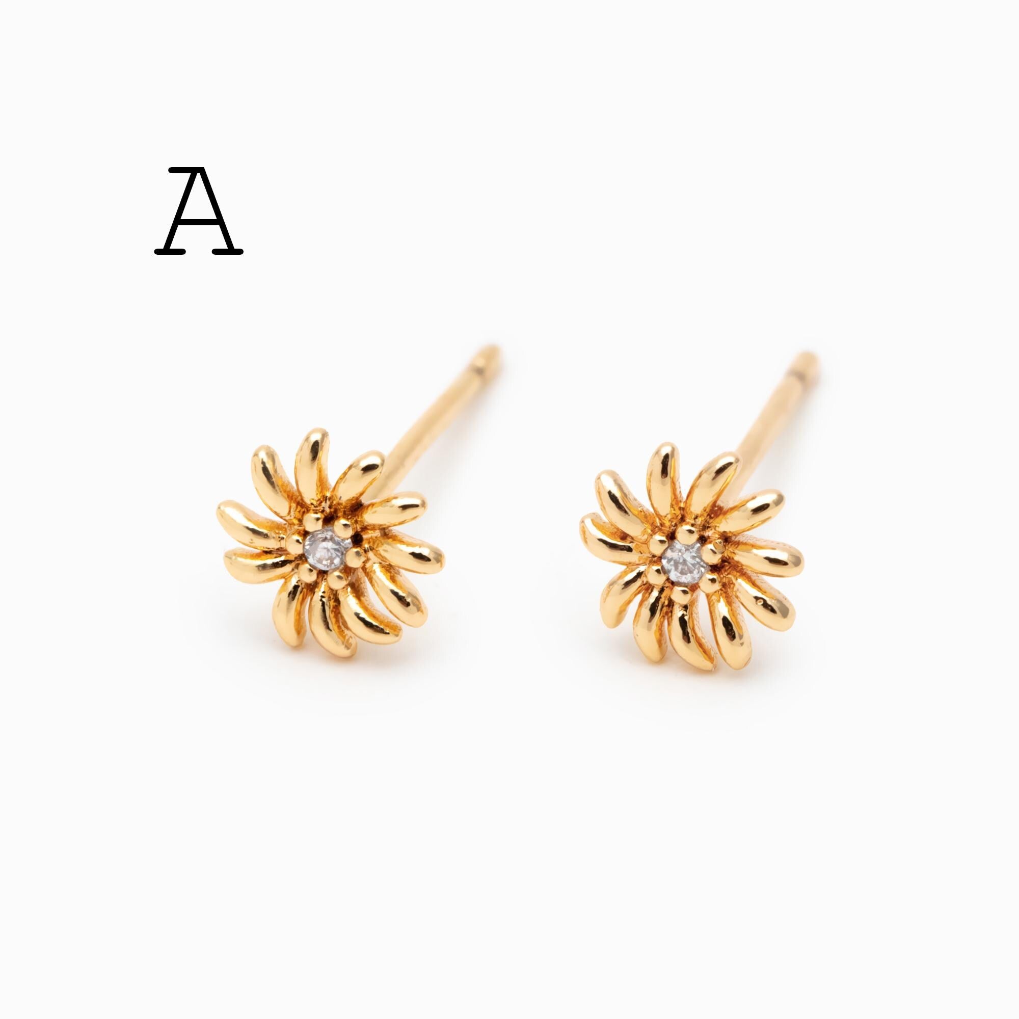 10pcs CZ Pave Gold/ Silver Flower Leaf Earrings, 18K Real Gold/ Rhodium Plated Brass, Dainty Stud Earrings (GB-3381)