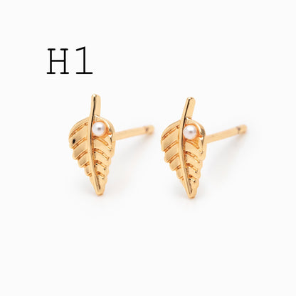 10pcs CZ Pave Gold/ Silver Leaf Earrings, 18K Real Gold/ Rhodium Plated Brass, Dainty Stud Earrings (GB-4759)