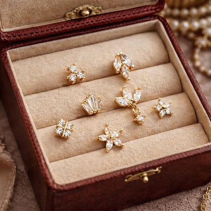 10pcs CZ Pave Flower Ear Posts: 18K Gold Plated Brass Stud Earrings (GB-3395)