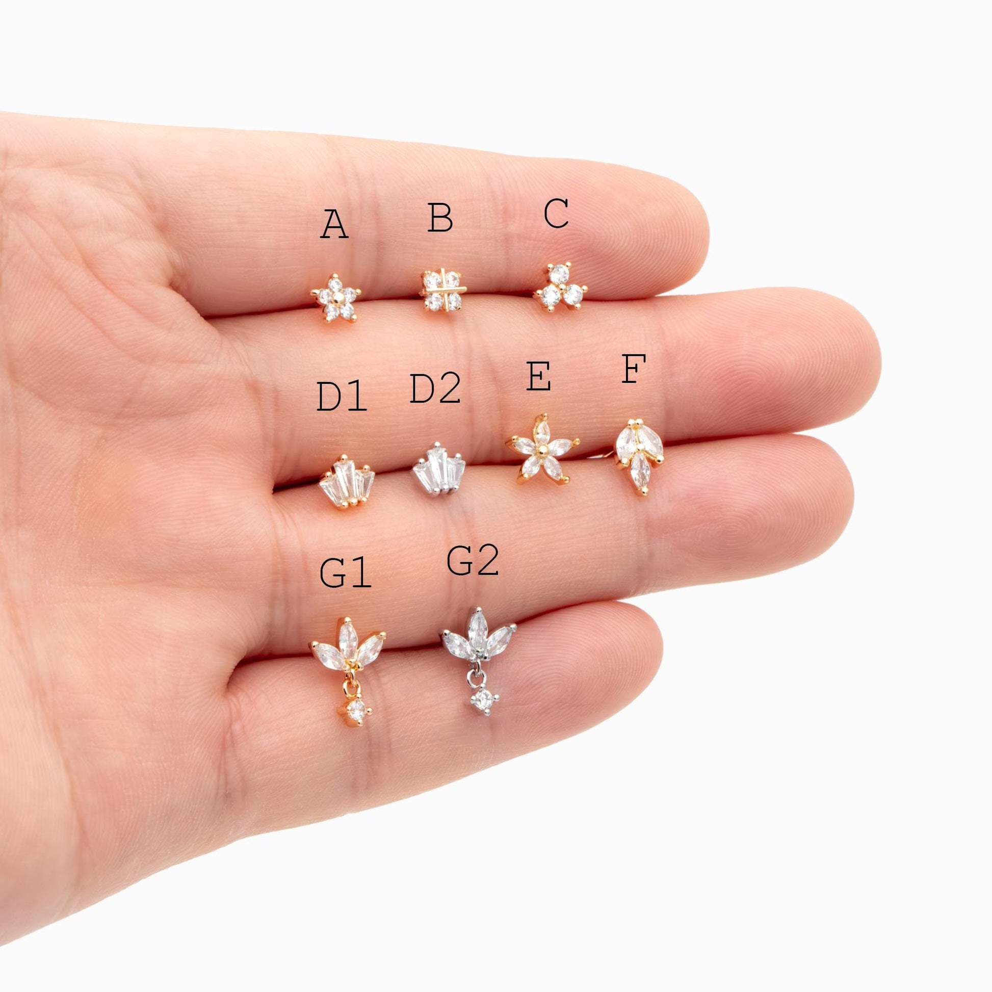 10pcs CZ Pave Flower Ear Posts: 18K Gold Plated Brass Stud Earrings (GB-3395)