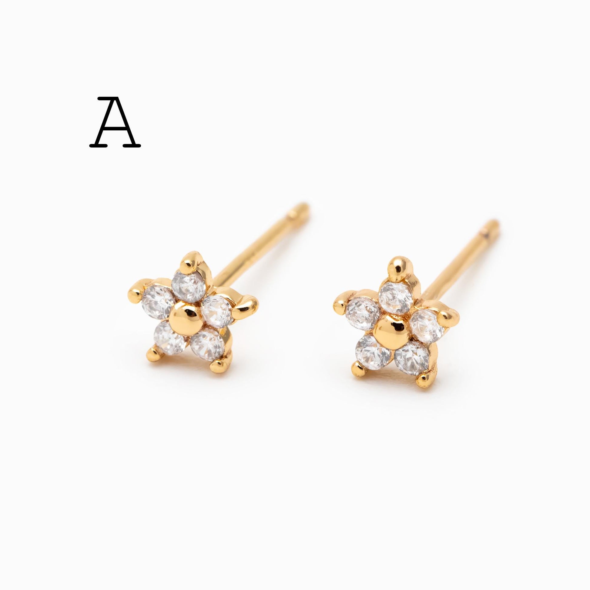 10pcs CZ Pave Flower Ear Posts: 18K Gold Plated Brass Stud Earrings (GB-3395)