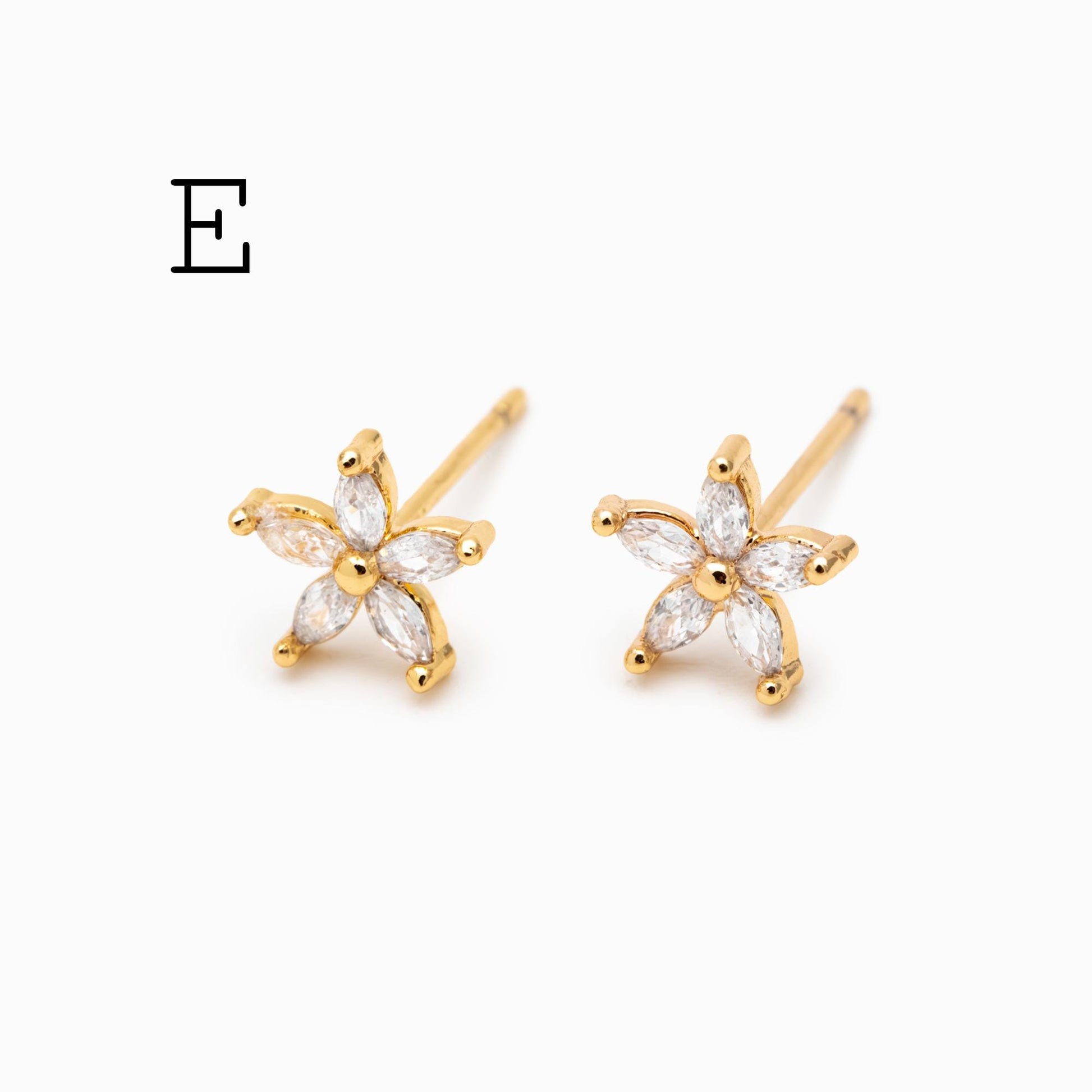 10pcs CZ Pave Flower Ear Posts: 18K Gold Plated Brass Stud Earrings (GB-3395)