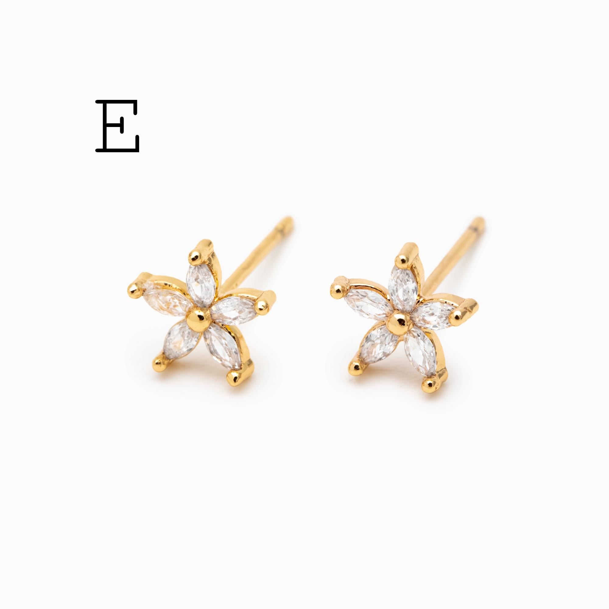 10pcs CZ Pave Flower Ear Posts: 18K Gold Plated Brass Stud Earrings (GB-3395)