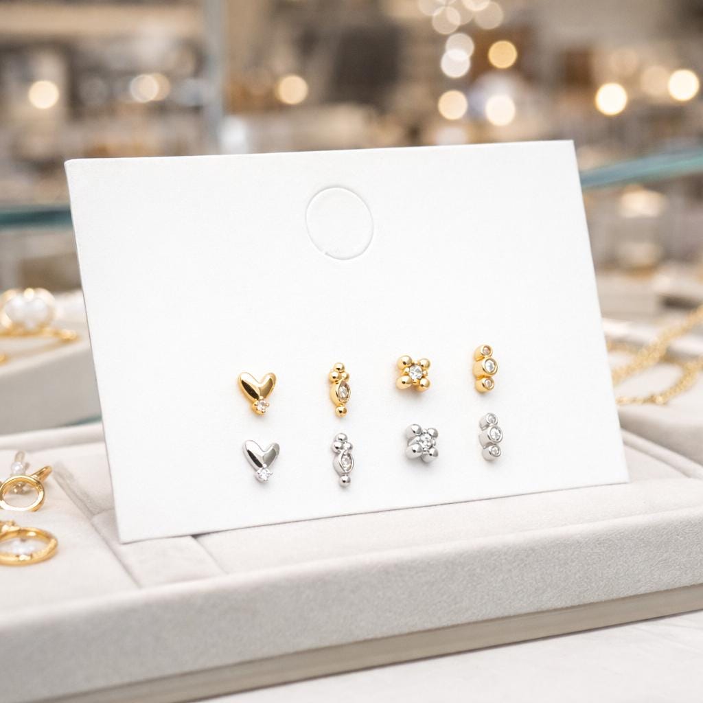 10pcs CZ Pave Gold/ Silver Tone Tiny Earrings, Gold/ Rhodium Plated Brass, Dainty Minimalist Stud Earrings (GB-4021)