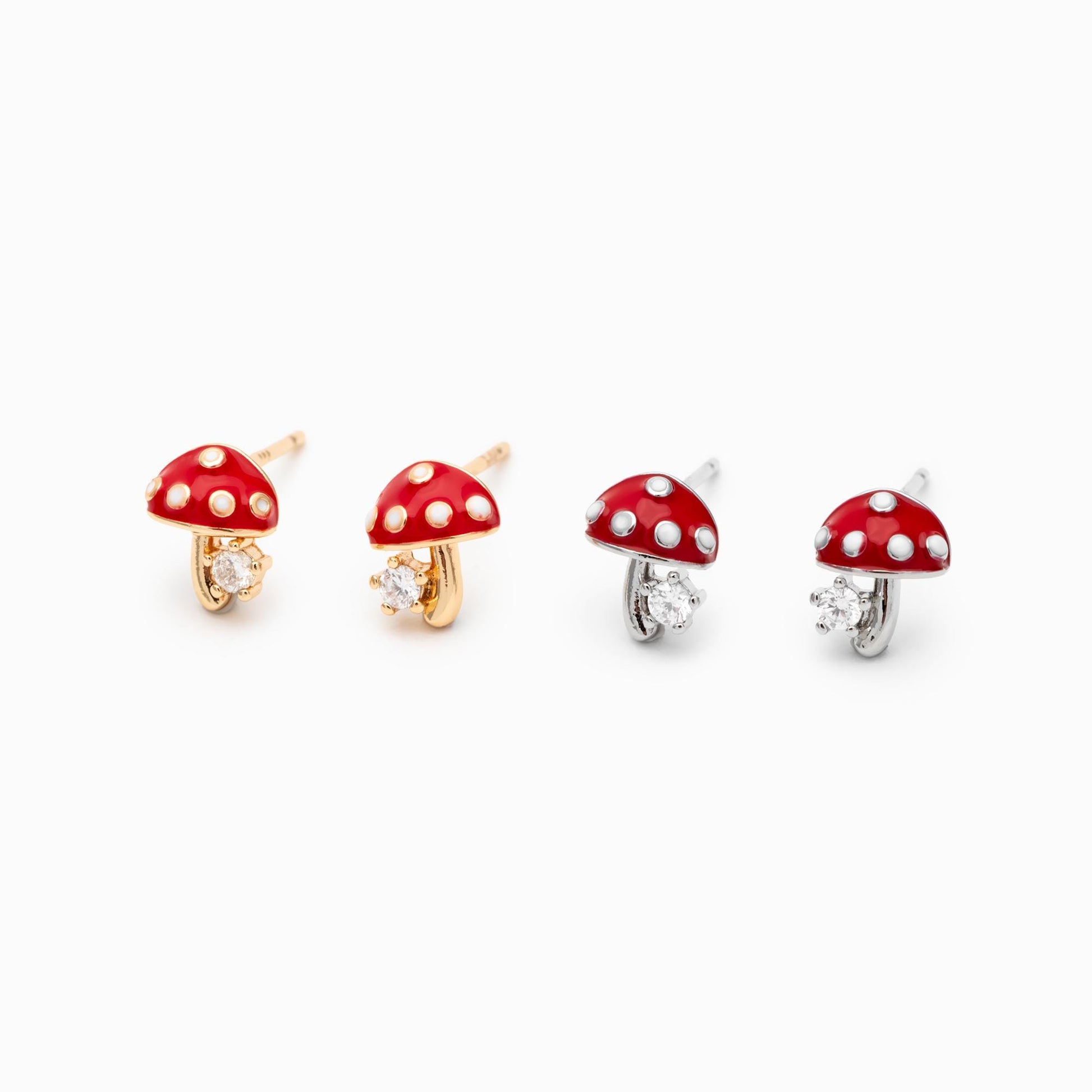 10pcs Enamel Mushroom Earrings, Gold/ Rhodium Plated Brass, Minimalist Stud Earring (GB-4772)