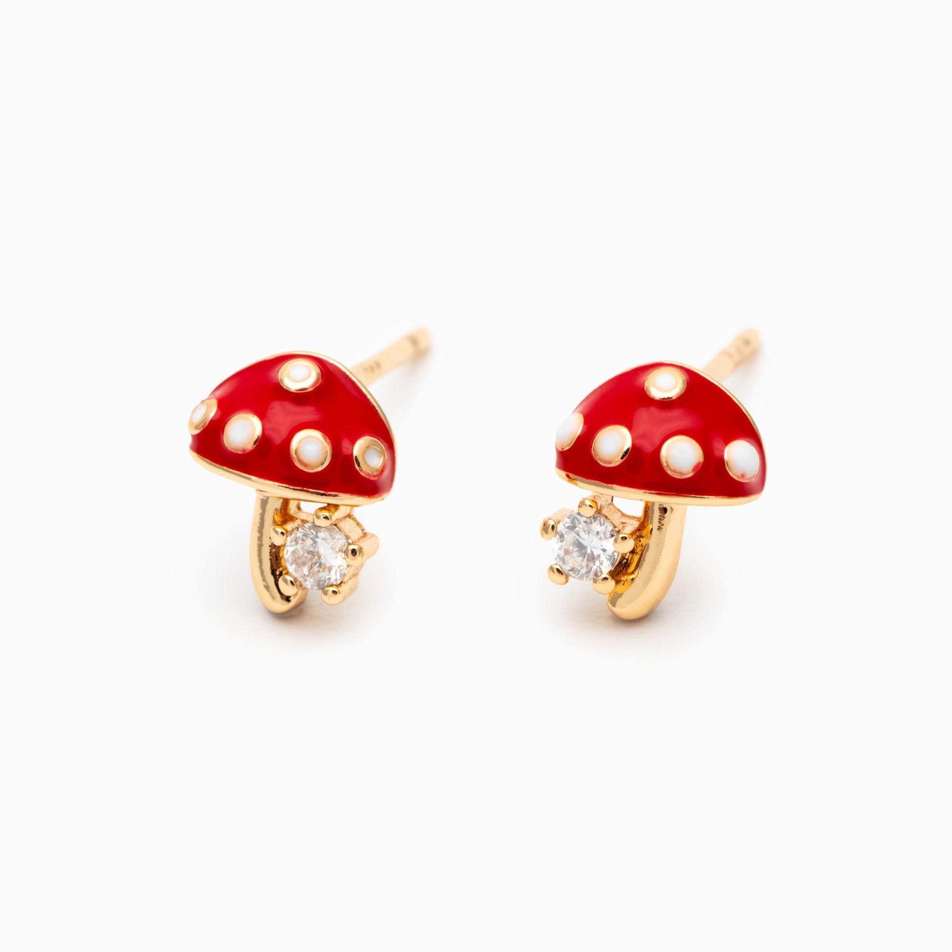 10pcs Enamel Mushroom Earrings, Gold/ Rhodium Plated Brass, Minimalist Stud Earring (GB-4772)