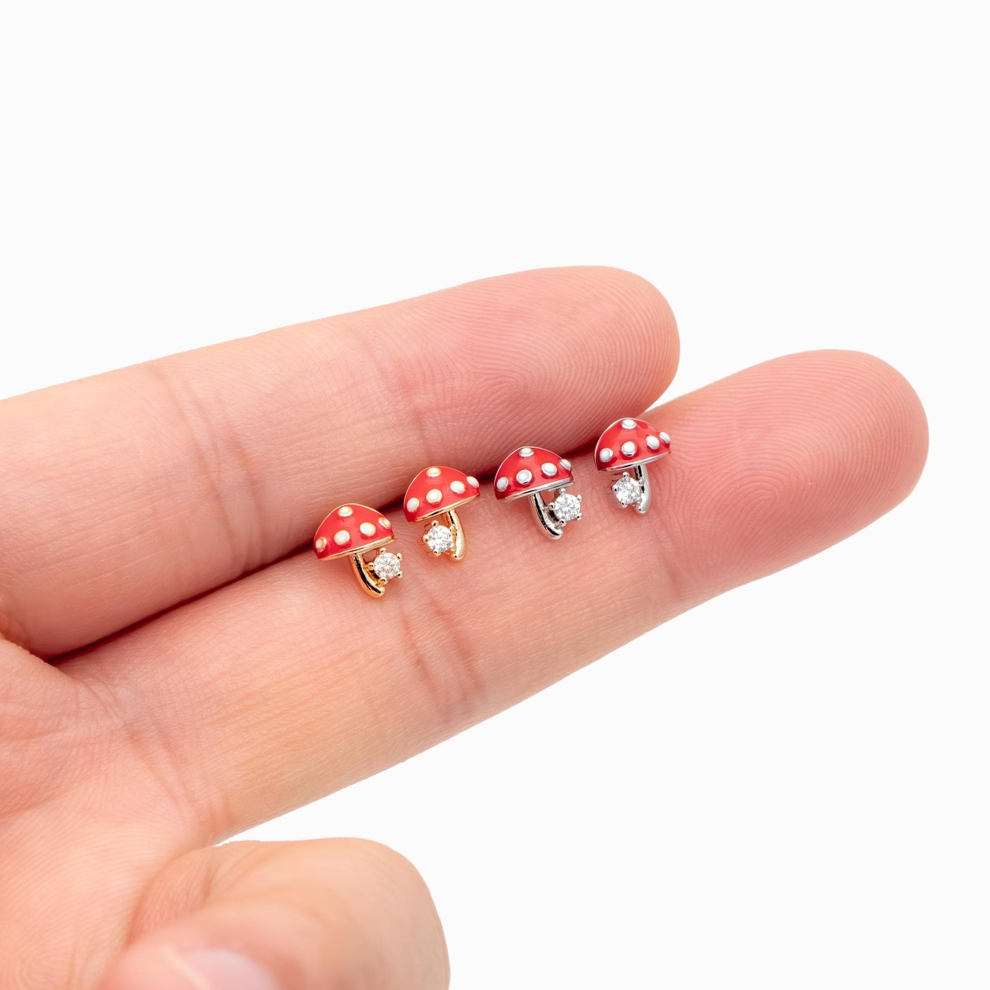 10pcs Enamel Mushroom Earrings, Gold/ Rhodium Plated Brass, Minimalist Stud Earring (GB-4772)