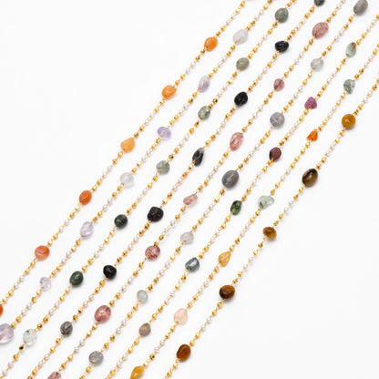 Gemstone Beaded Chain, 18K Gold plated Brass, Faux Pearl Bead Chain Wholesale (#LK-625)/ 1 Meter=3.3ft