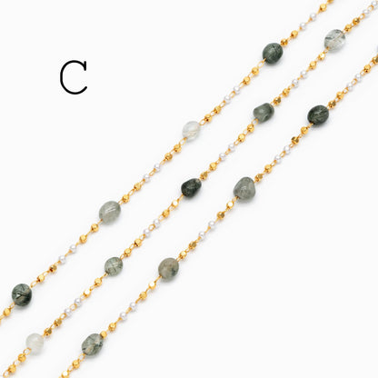 Gemstone Beaded Chain, 18K Gold plated Brass, Faux Pearl Bead Chain Wholesale (#LK-625)/ 1 Meter=3.3ft
